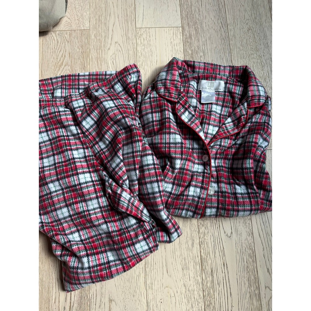 Karen Neuburger Red Plaid Fleece Pajama Set Large Button Up Sleepwear 2pc